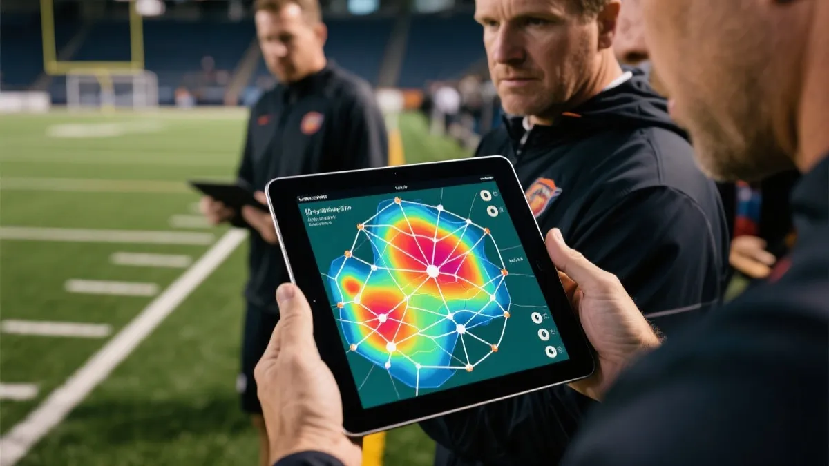 教练组在场边平板上查看战术热区与传球网络的数据可视化