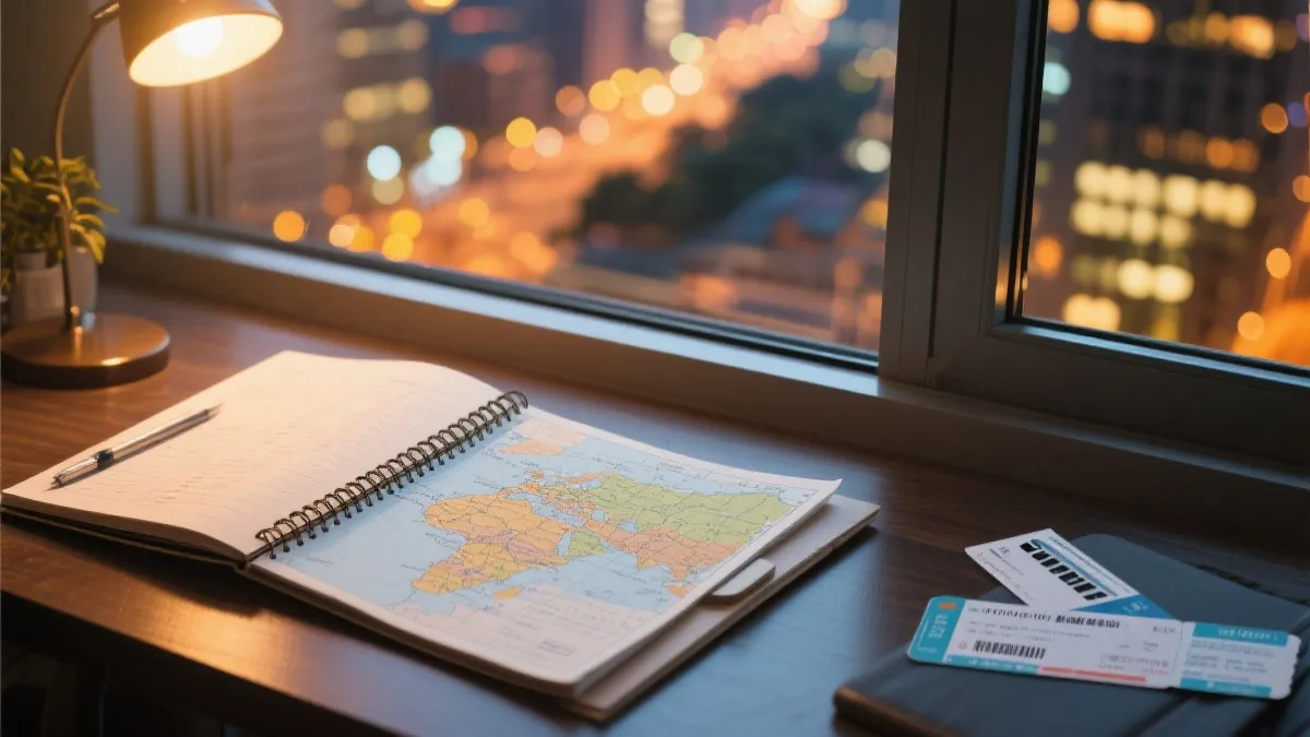 旅行计划桌面，护照与球票概念图，夜景城市氛围
